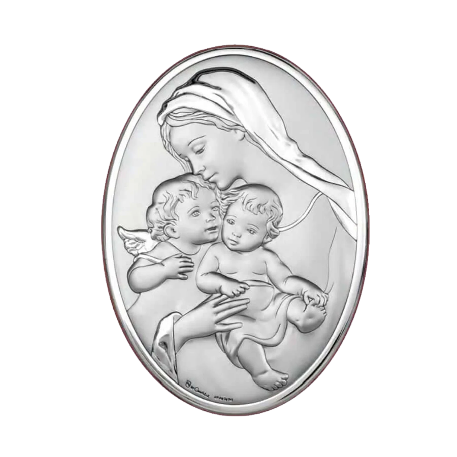 BLESSED MOTHER WITH CHILD AND ANGEL - RELIGIOUS PICTURE - SILVER