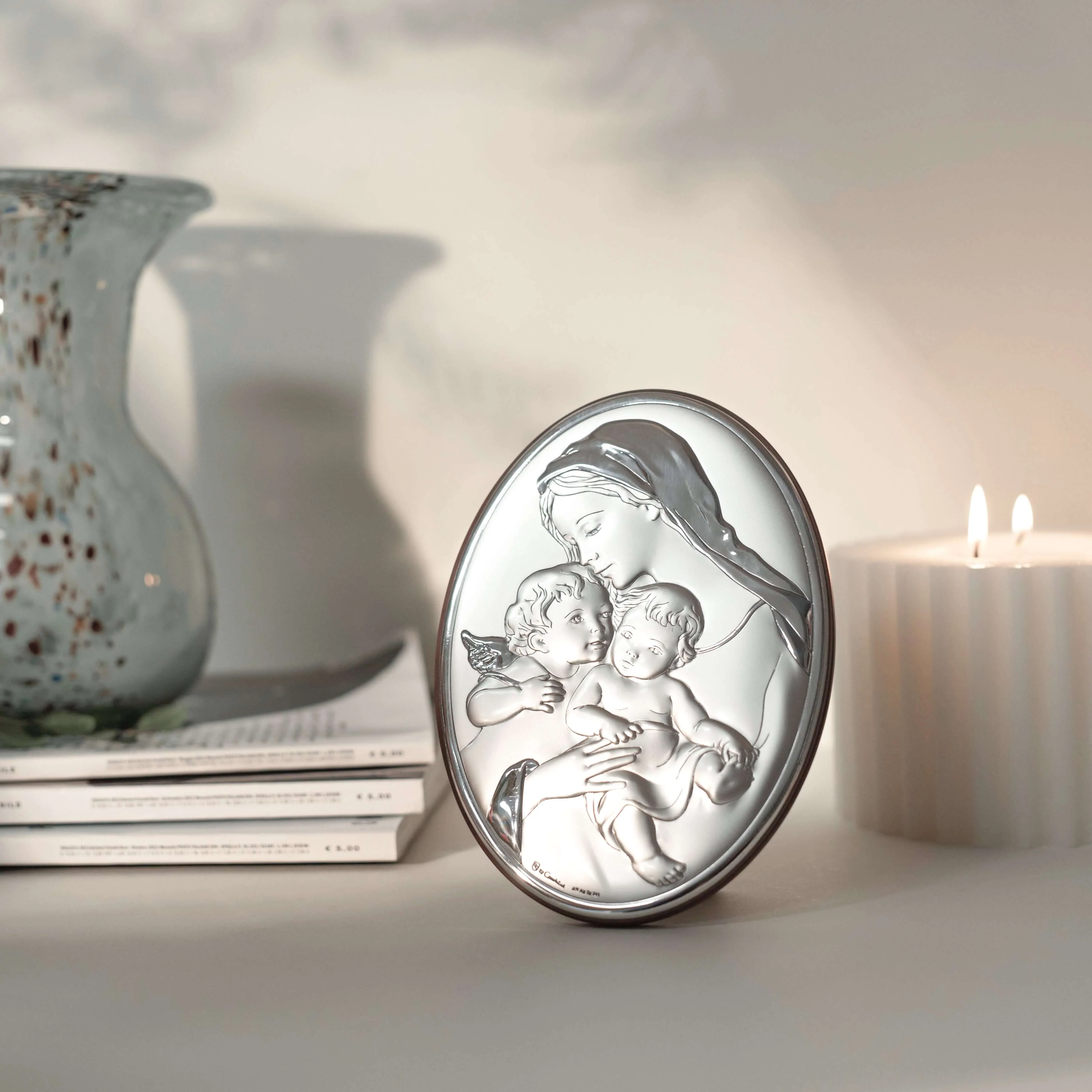 BLESSED MOTHER WITH CHILD AND ANGEL - RELIGIOUS PICTURE - SILVER - Image 2