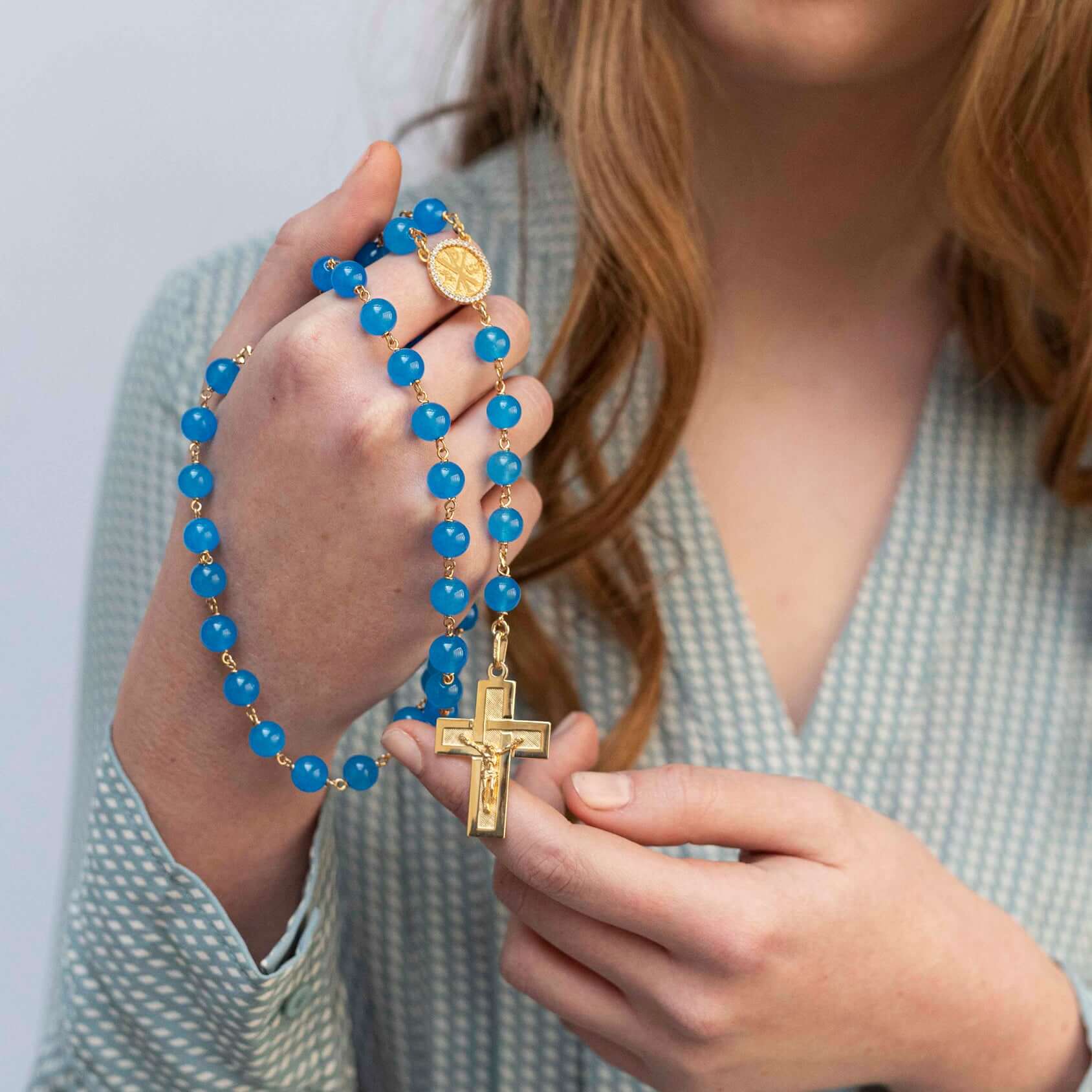BLUE AGATE BEADS ROSARY - VERMEIL SILVER - Image 2