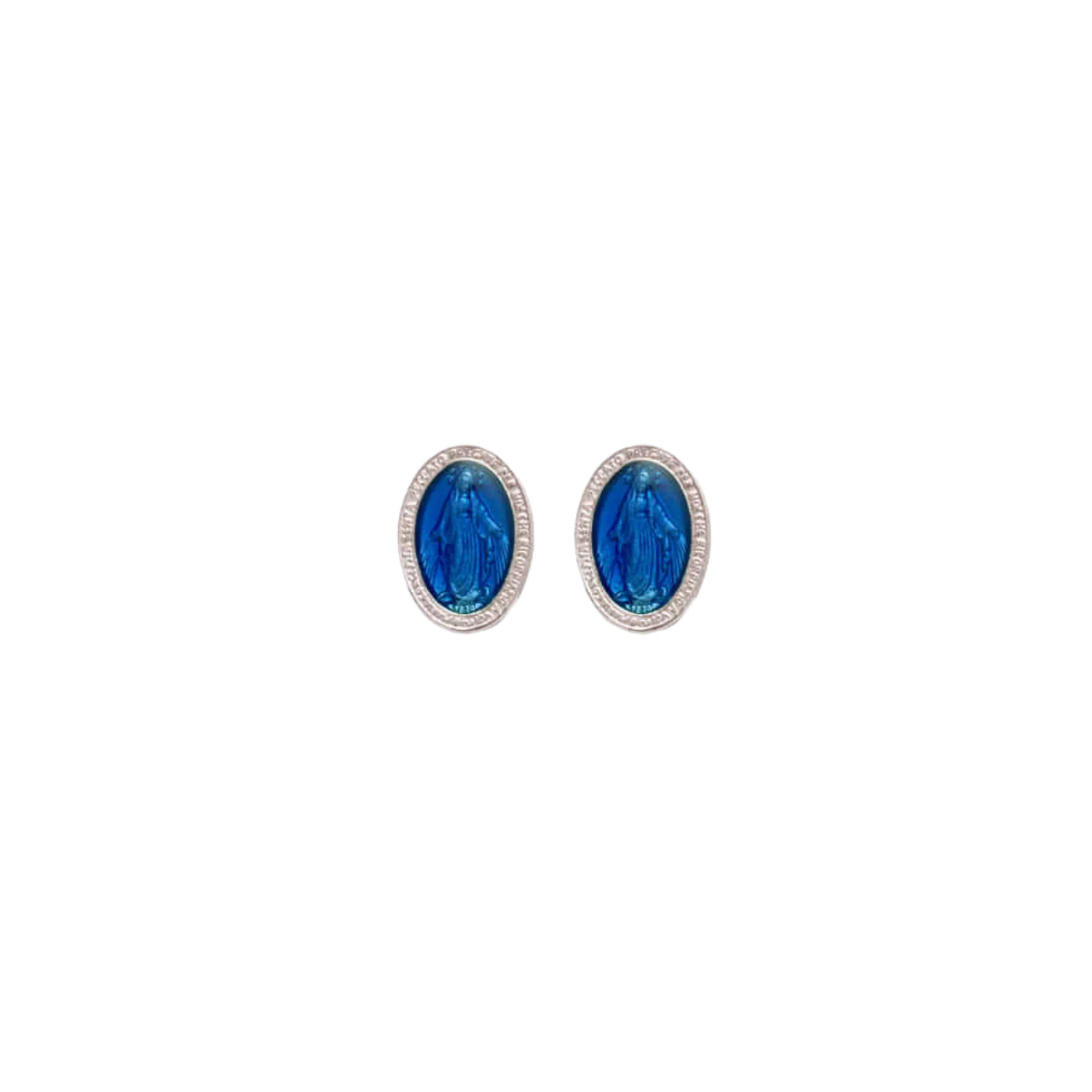 BLUE MIRACULOUS MEDAL - STUD EARRINGS - SILVER