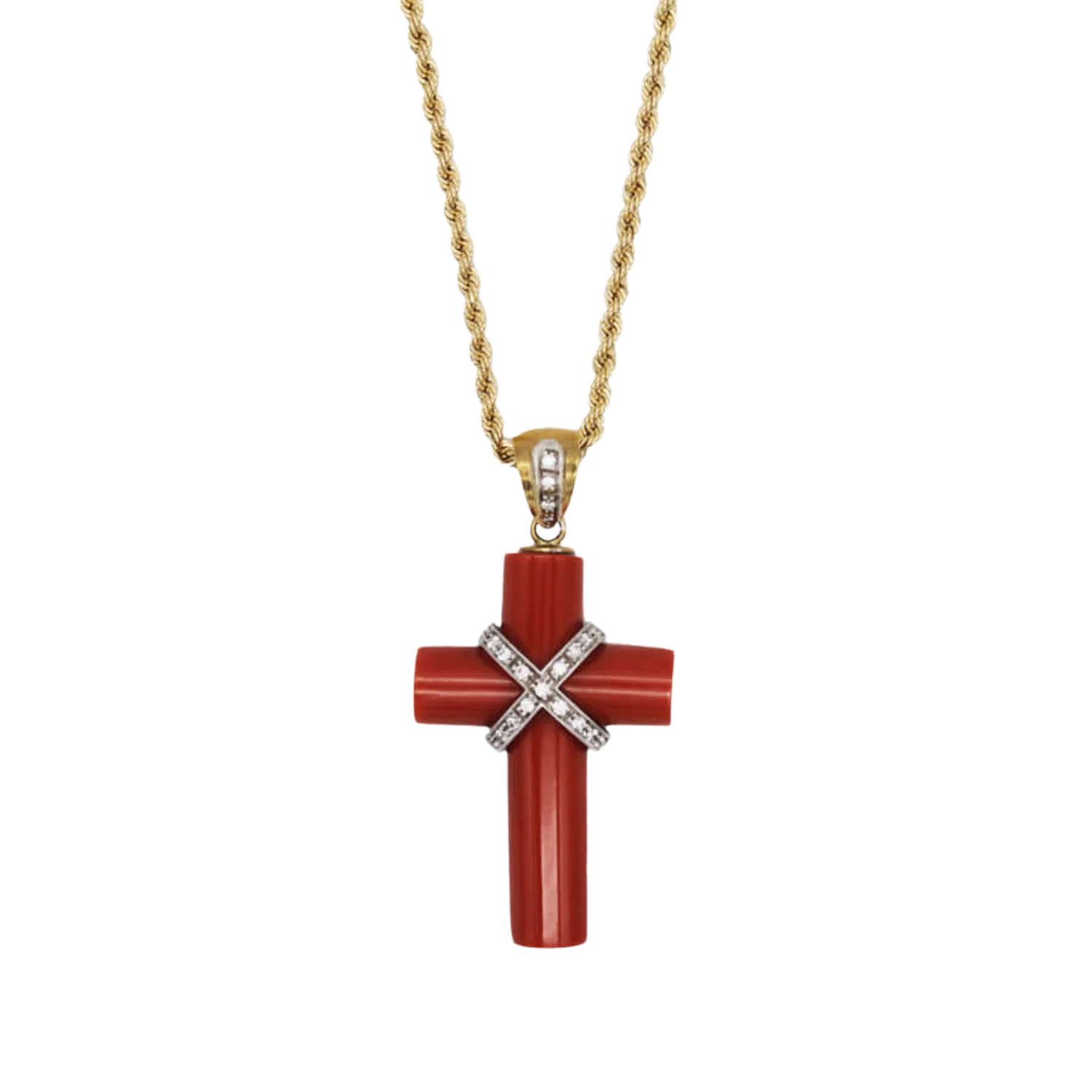 CORAL CROSS PENDANT NECKLACE WITH DIAMONDS - GOLD