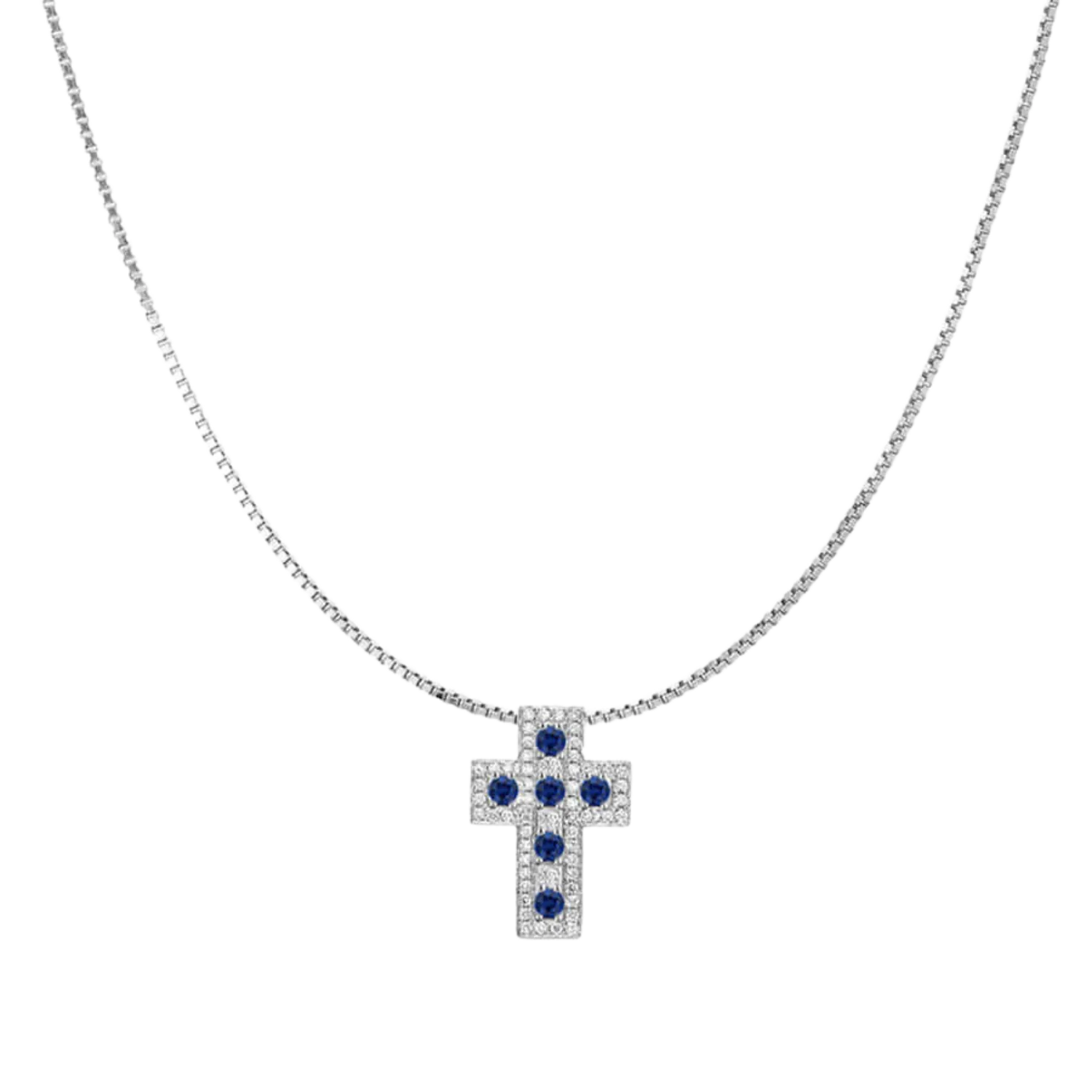 CROSS AND CHAIN - SAPPHIRE AND DIAMONDS - WHITE GOLD