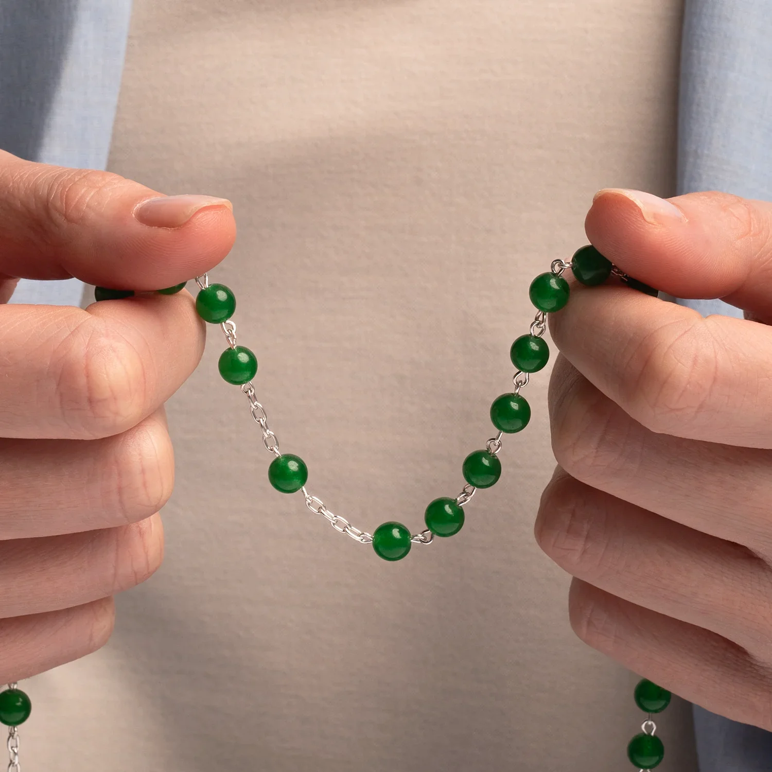 GREEN AGATE ROSARY - SILVER - Image 2