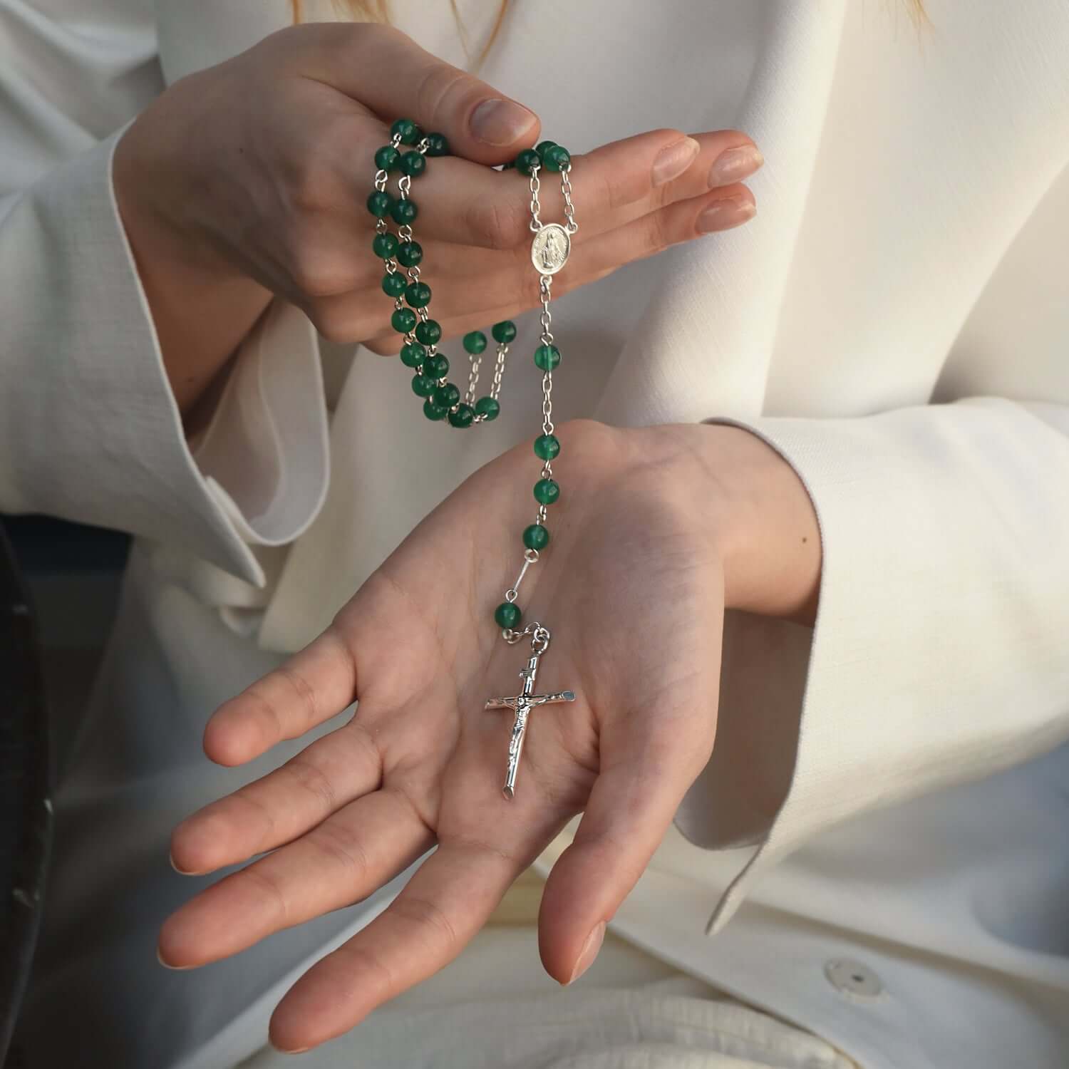 GREEN AGATE ROSARY - SILVER - Image 3