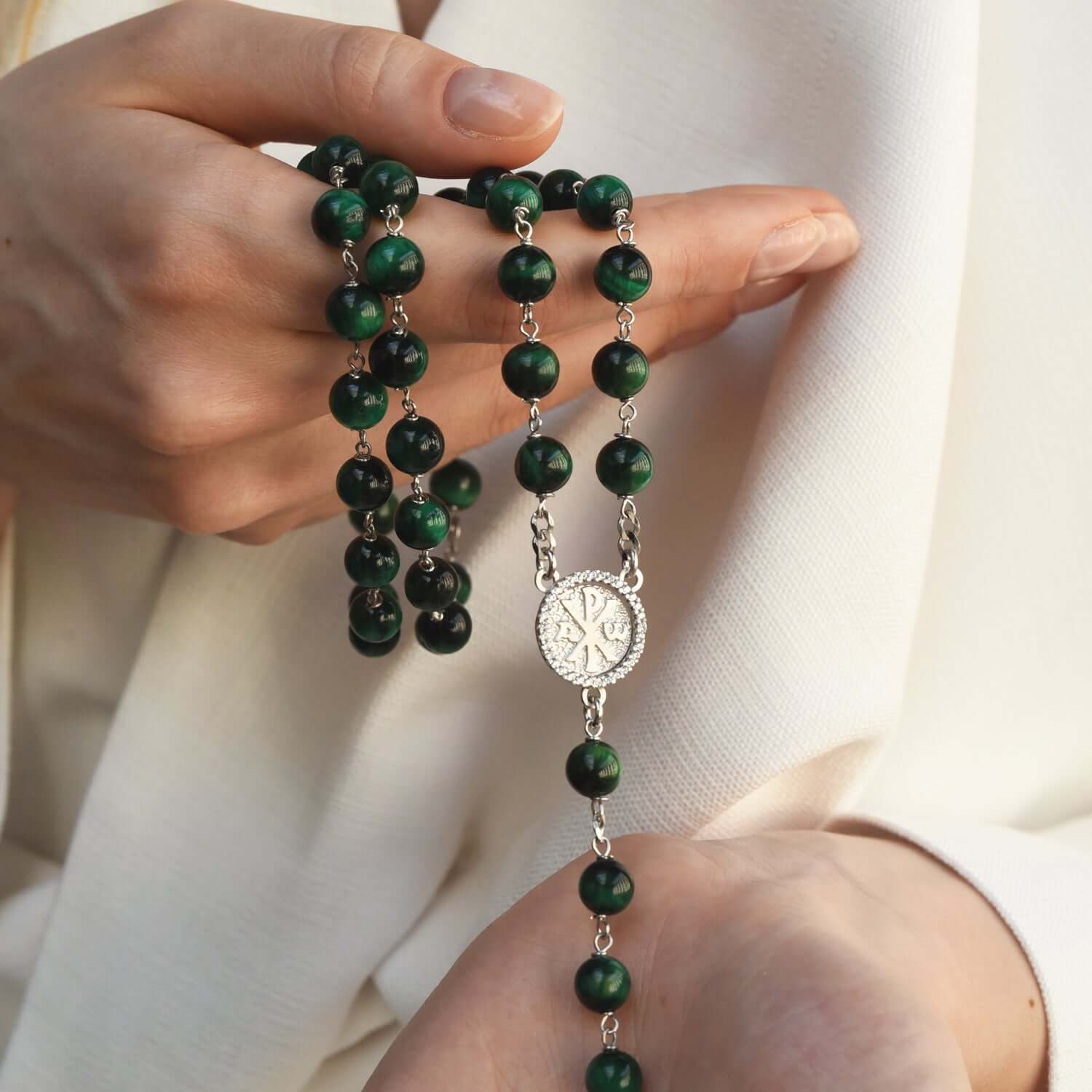 GREEN TIGER EYE ROSARY - SILVER - Image 2