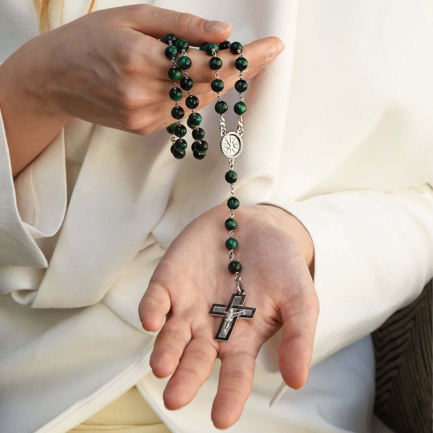 GREEN TIGER EYE ROSARY - SILVER - Image 3