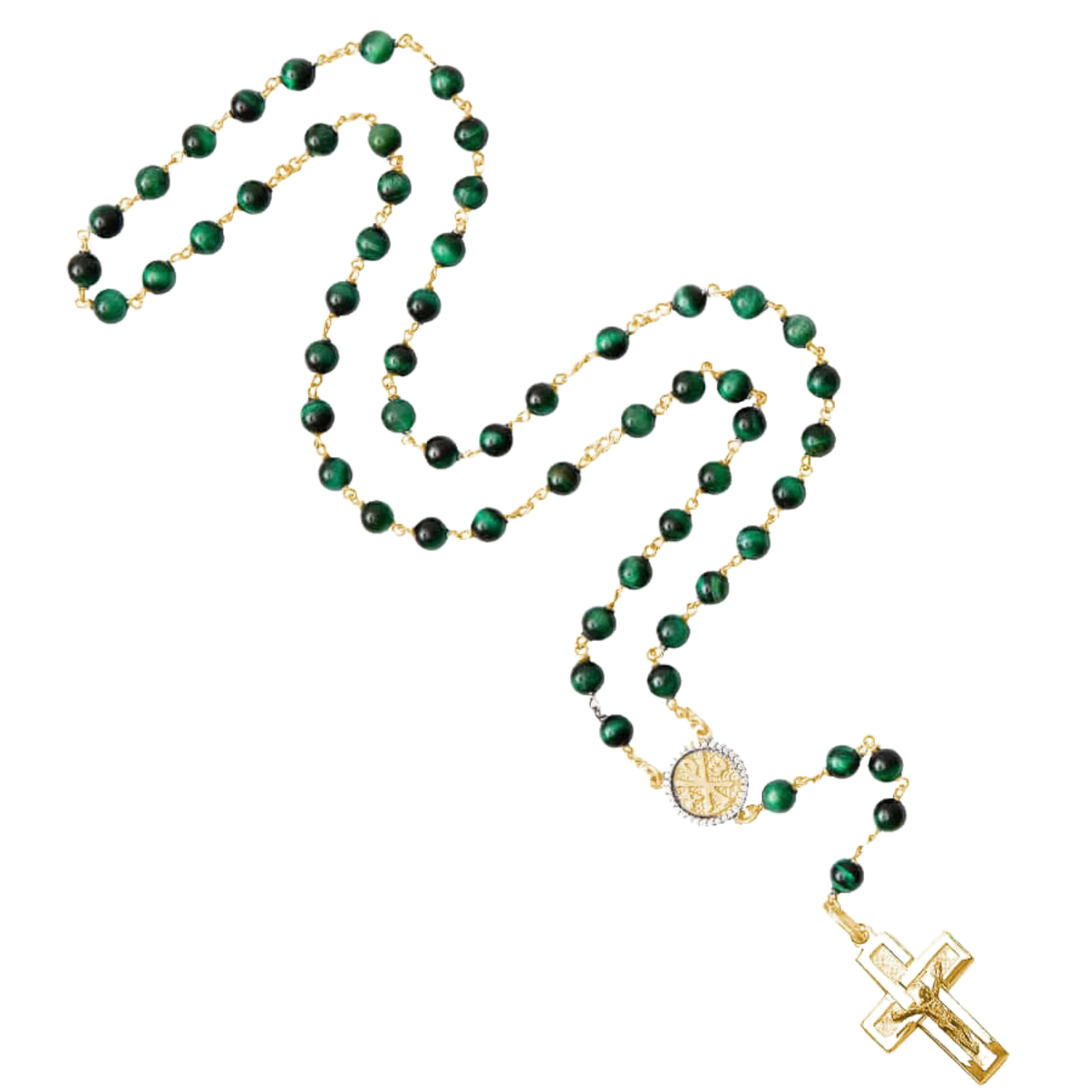 GREEN TIGER EYE ROSARY - VERMEIL SILVER