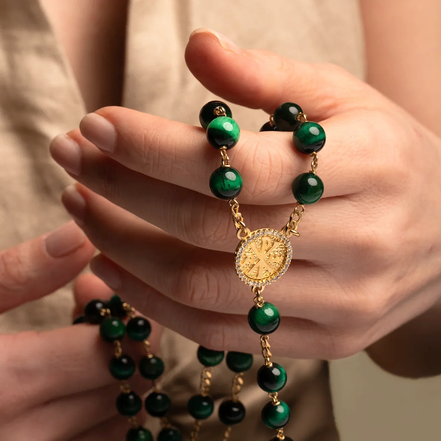 GREEN TIGER EYE ROSARY - VERMEIL SILVER - Image 3