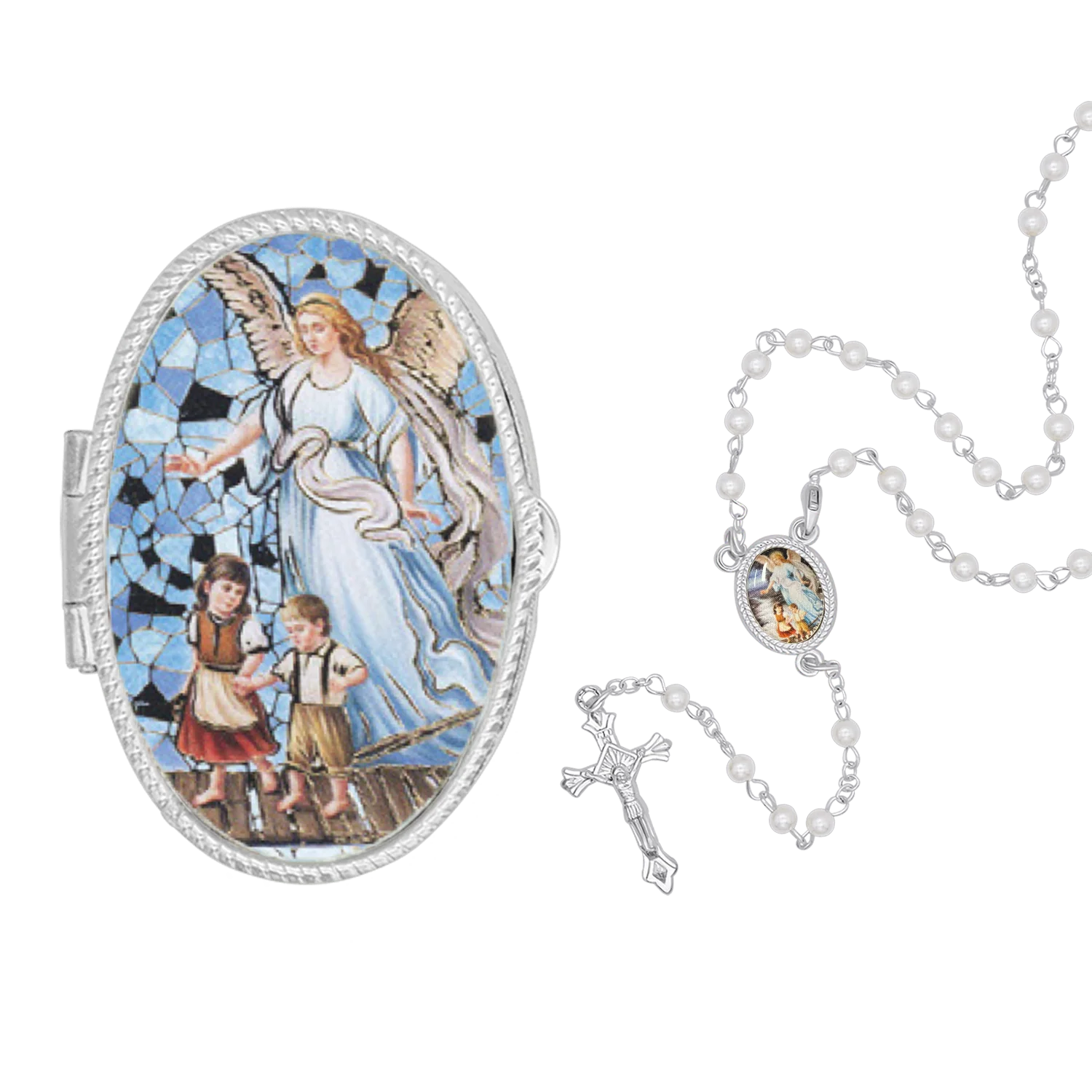 GUARDIAN ANGEL WITH KIDS - ROSARY BOX - METAL