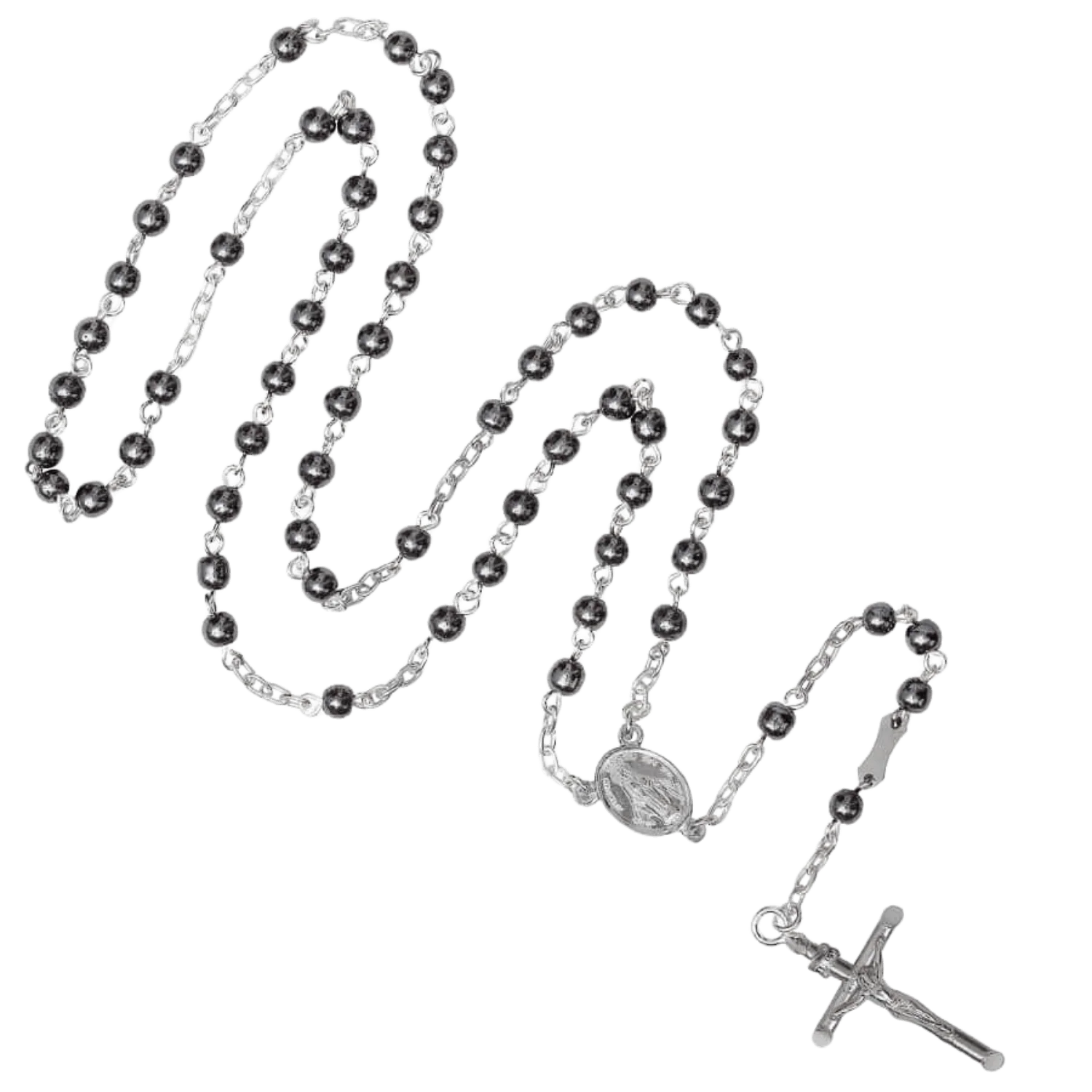 HEMATITE BEADS ROSARY - SILVER