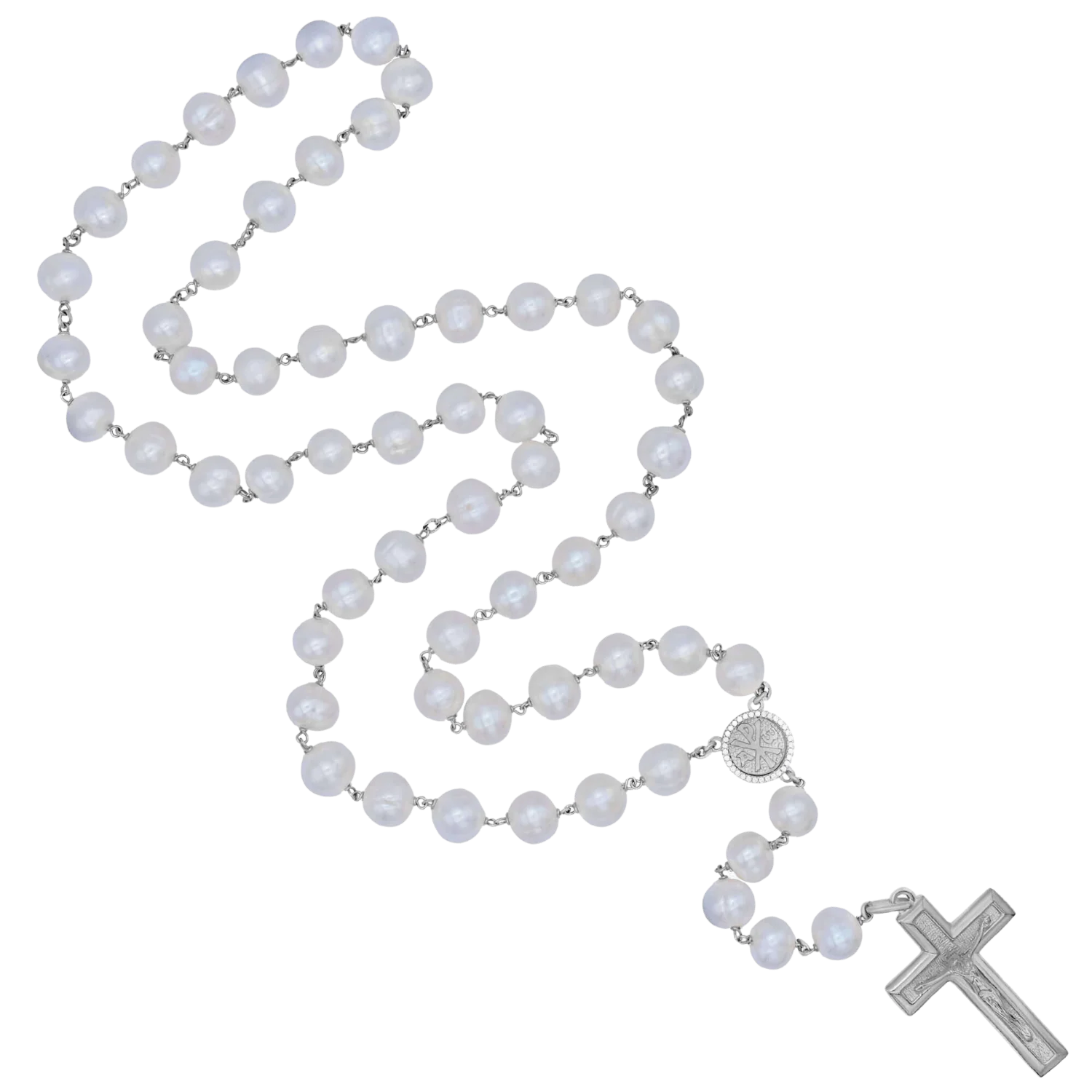 LARGE PEARL BEADS ROSARY - SILVER