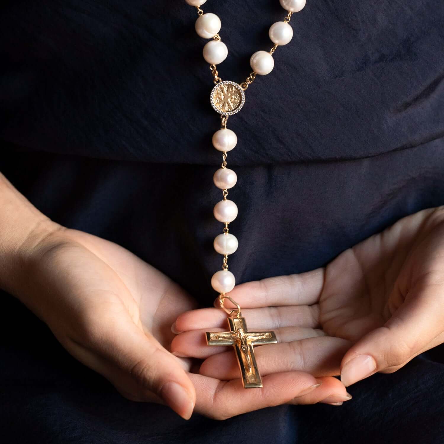 LARGE PEARL BEADS ROSARY - VERMEIL SILVER - Image 2