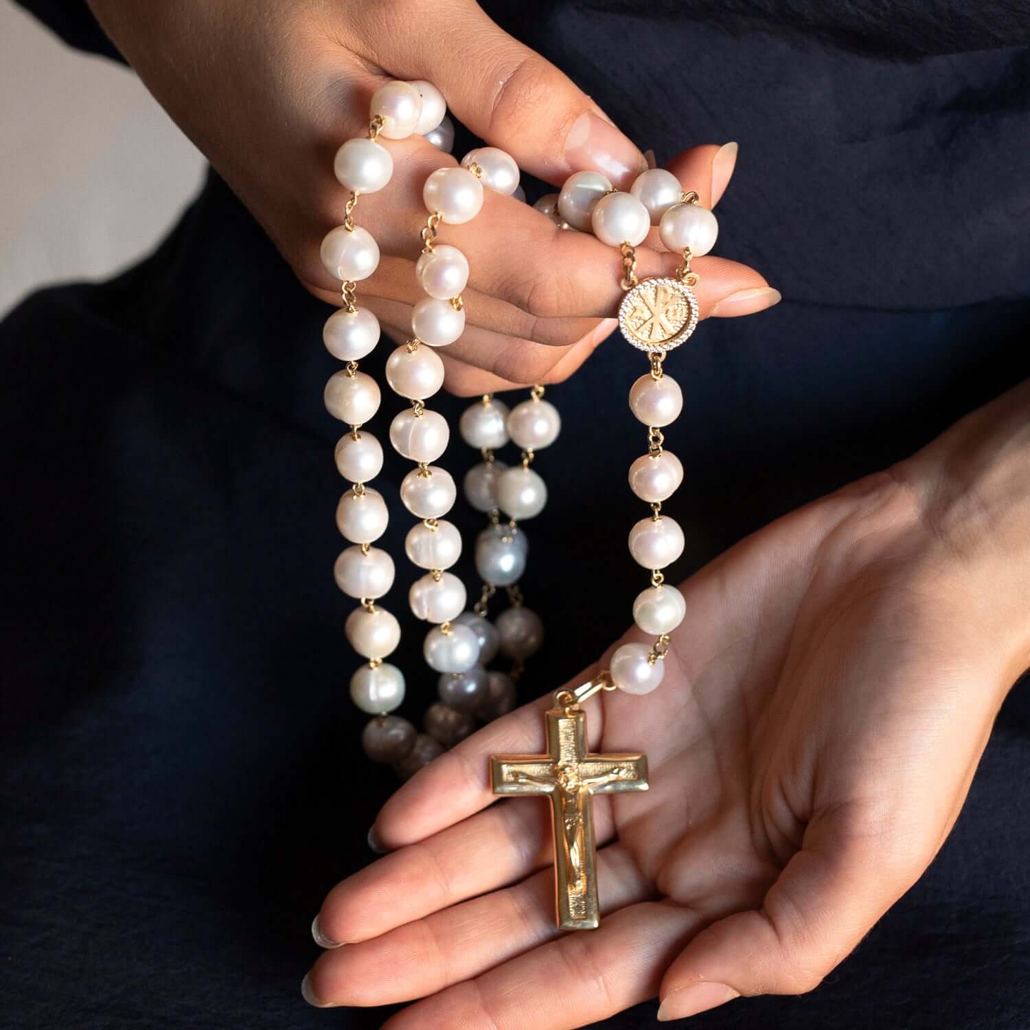 LARGE PEARL BEADS ROSARY - VERMEIL SILVER - Image 3