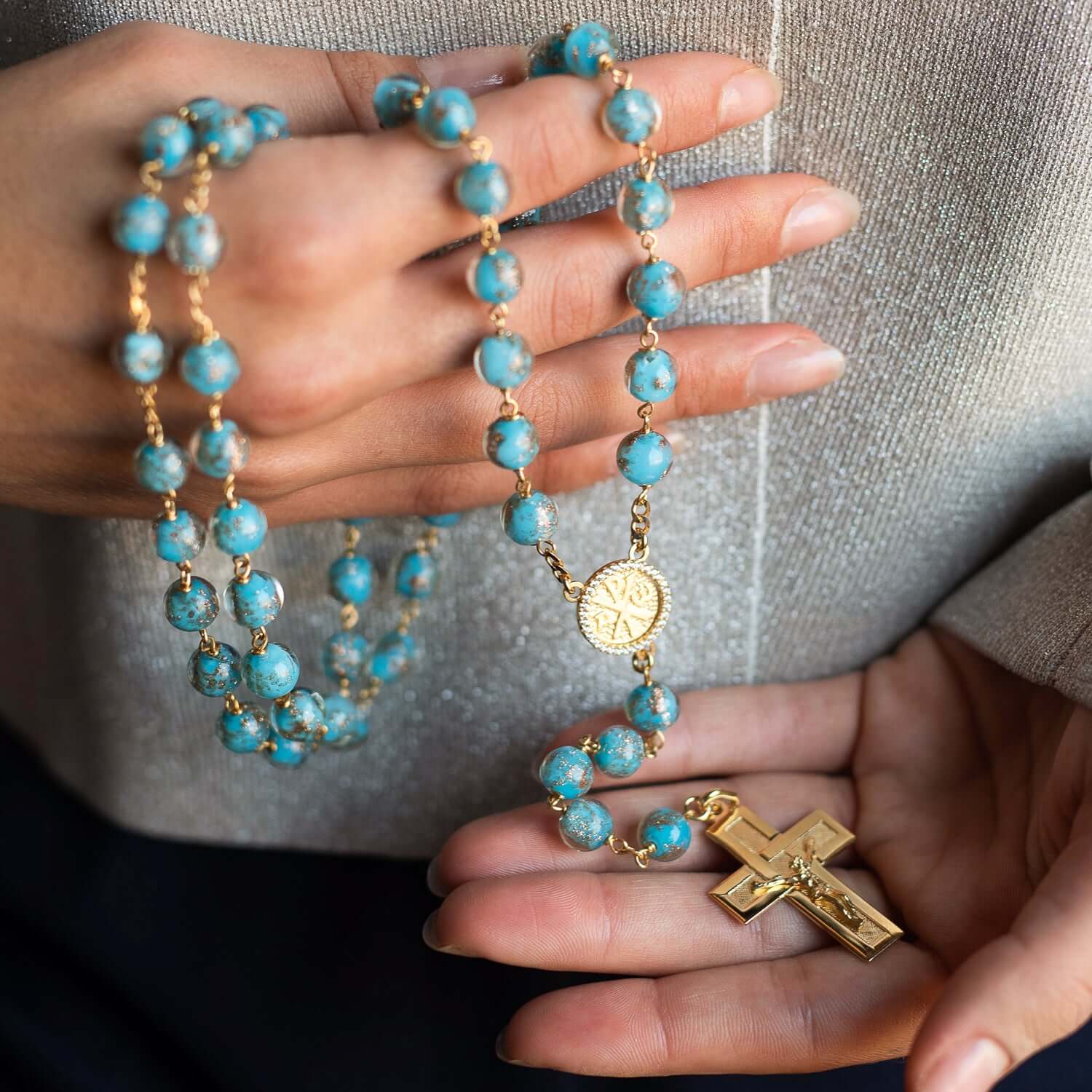 LIGHT BLUE GLASS BEADS ROSARY - VERMEIL SILVER - Image 3