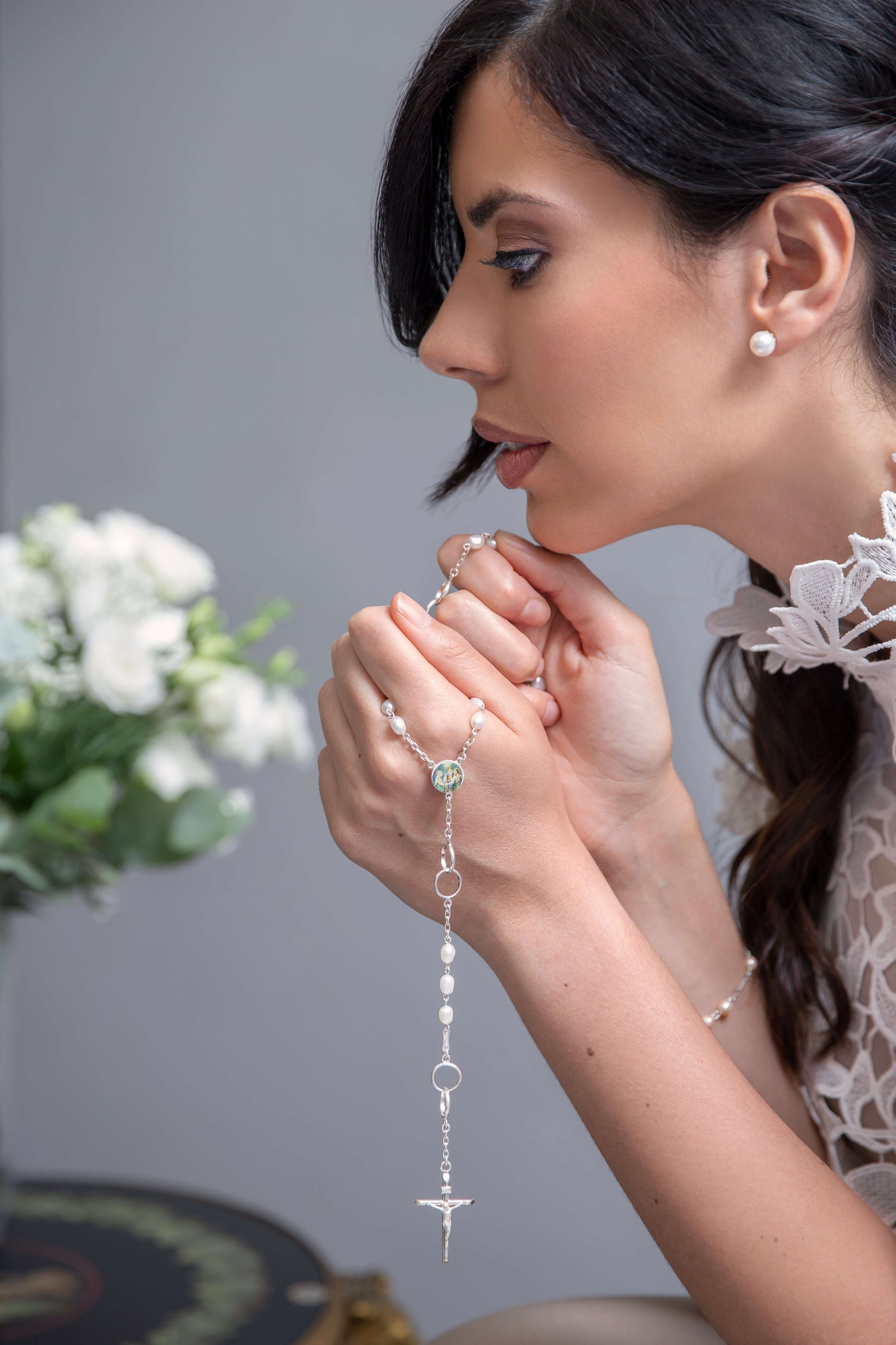 MARRIAGE - PEARL WEDDING ROSARY - SILVER - Image 2