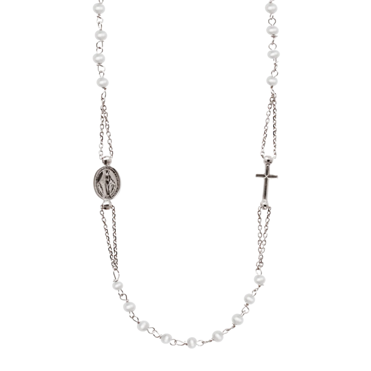MIRACULOUS AND CROSS - PEARL NECKLACE - WHITE GOLD