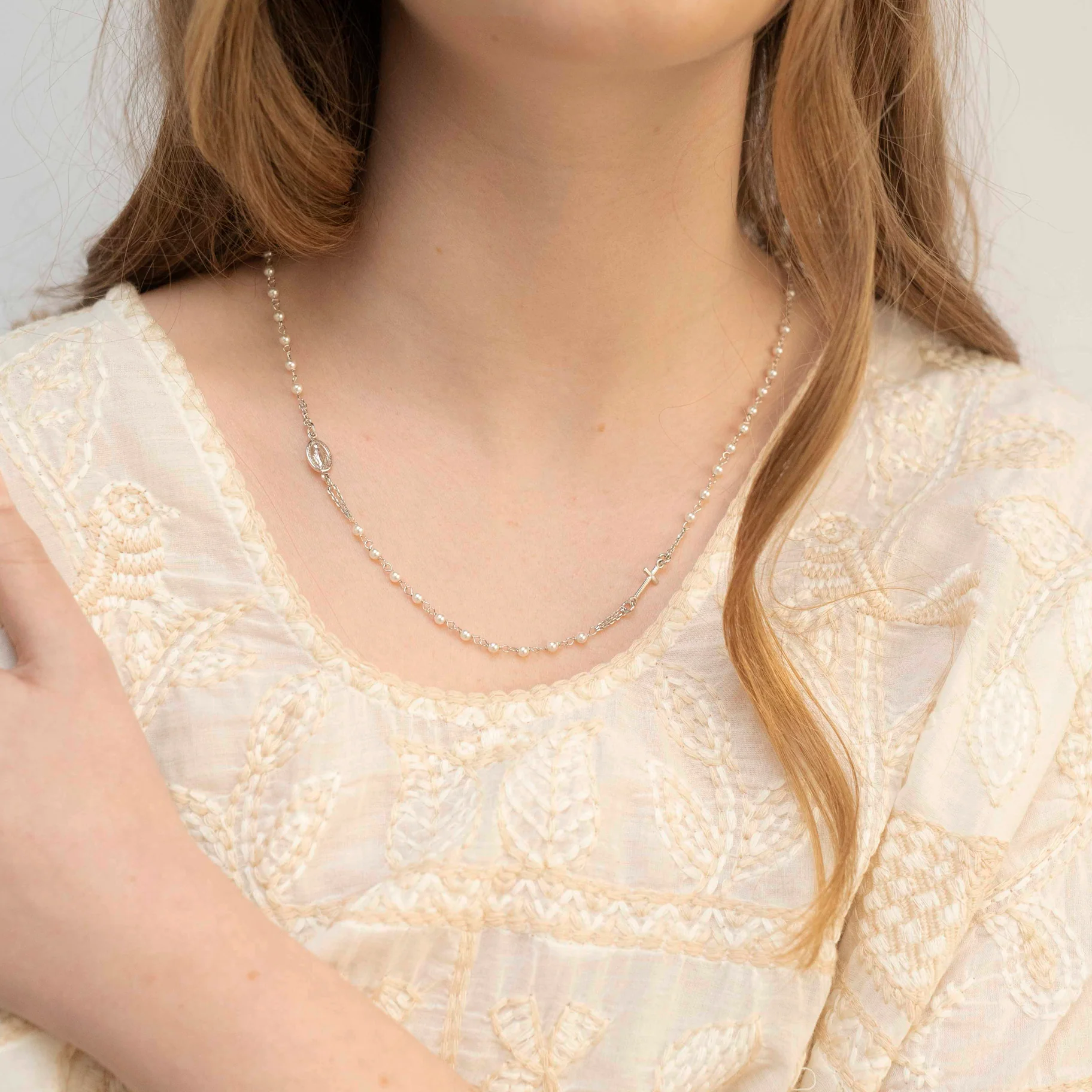 MIRACULOUS AND CROSS - PEARL NECKLACE - WHITE GOLD - Image 2