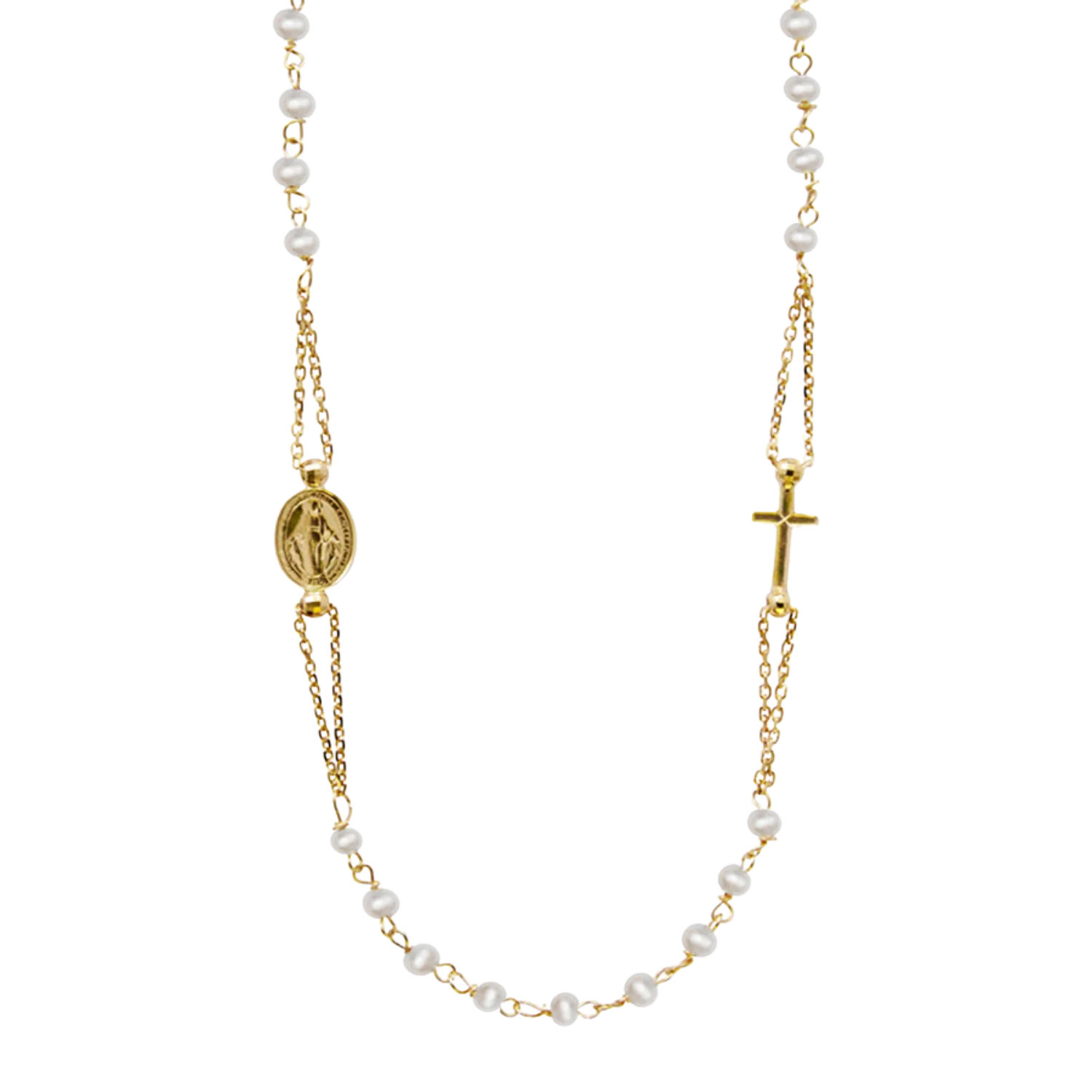 MIRACULOUS AND CROSS - PEARL NECKLACE - GOLD