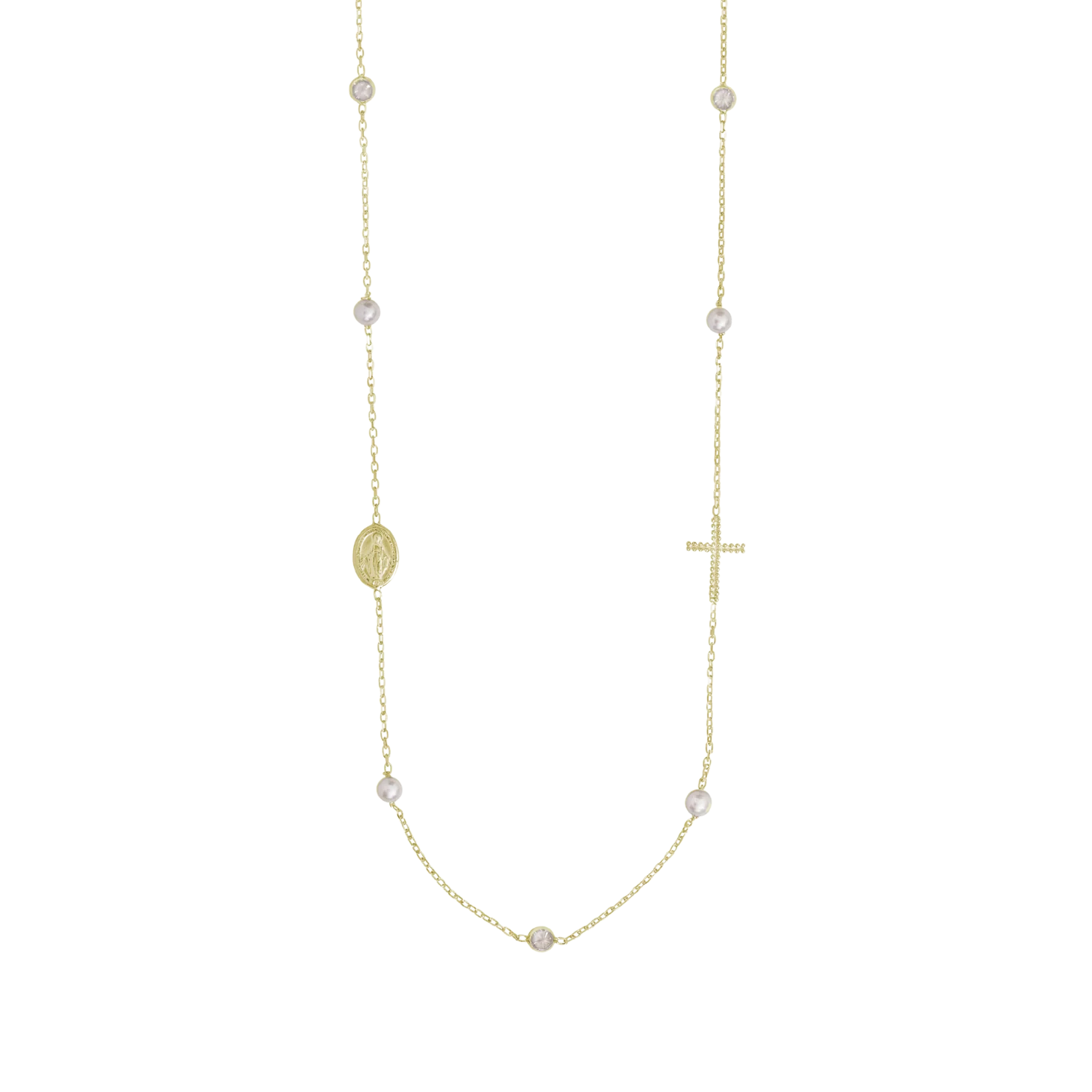 MIRACULOUS AND CROSS - NECKLACE PEARL AND CRYSTAL - VERMEIL SILVER