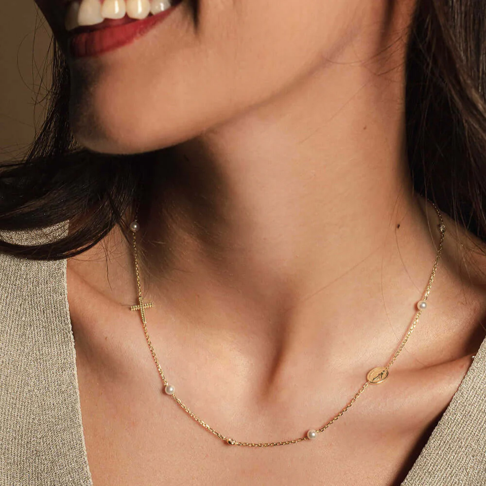 MIRACULOUS AND CROSS - NECKLACE PEARL AND CRYSTAL - VERMEIL SILVER - Image 2