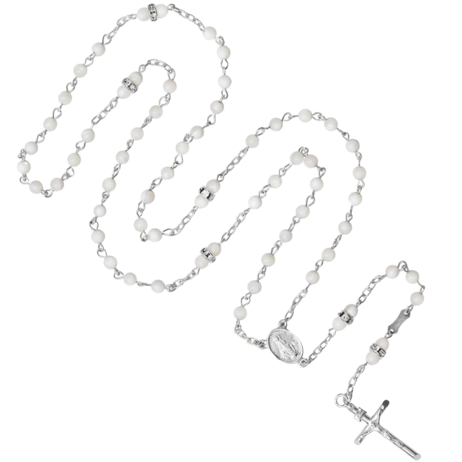 MOTHER OF PEARL AND SWAROVSKI ROSARY - SILVER