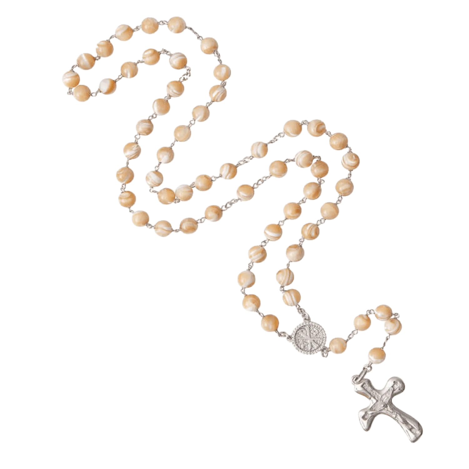 NATURAL MOTHER OF PEARL ROSARY - SILVER