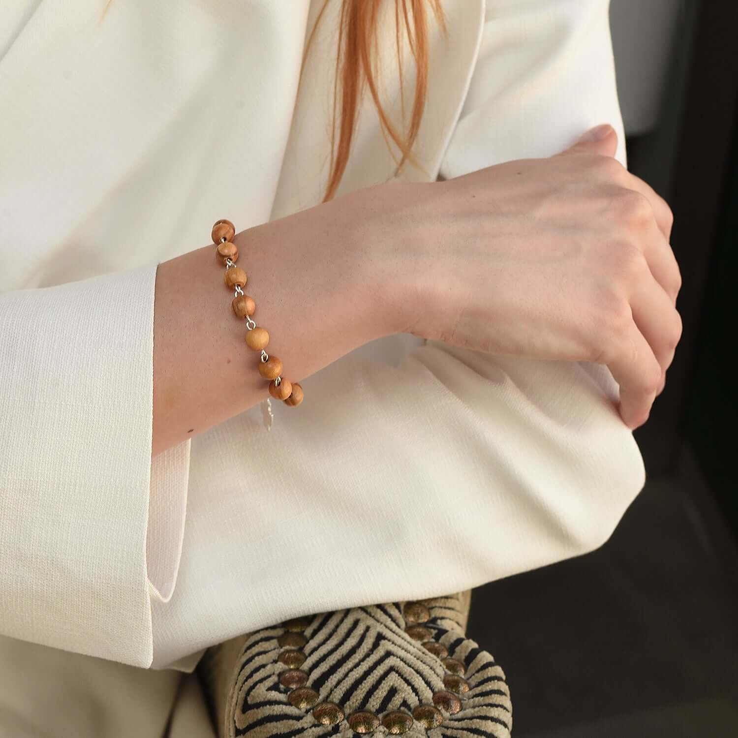 OLIVE WOOD BEADS ROSARY BRACELET - SILVER - Image 2