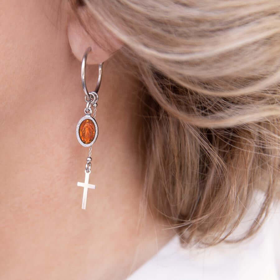 ORANGE MIRACULOUS MEDAL - HOOP EARRINGS - SILVER - Image 2