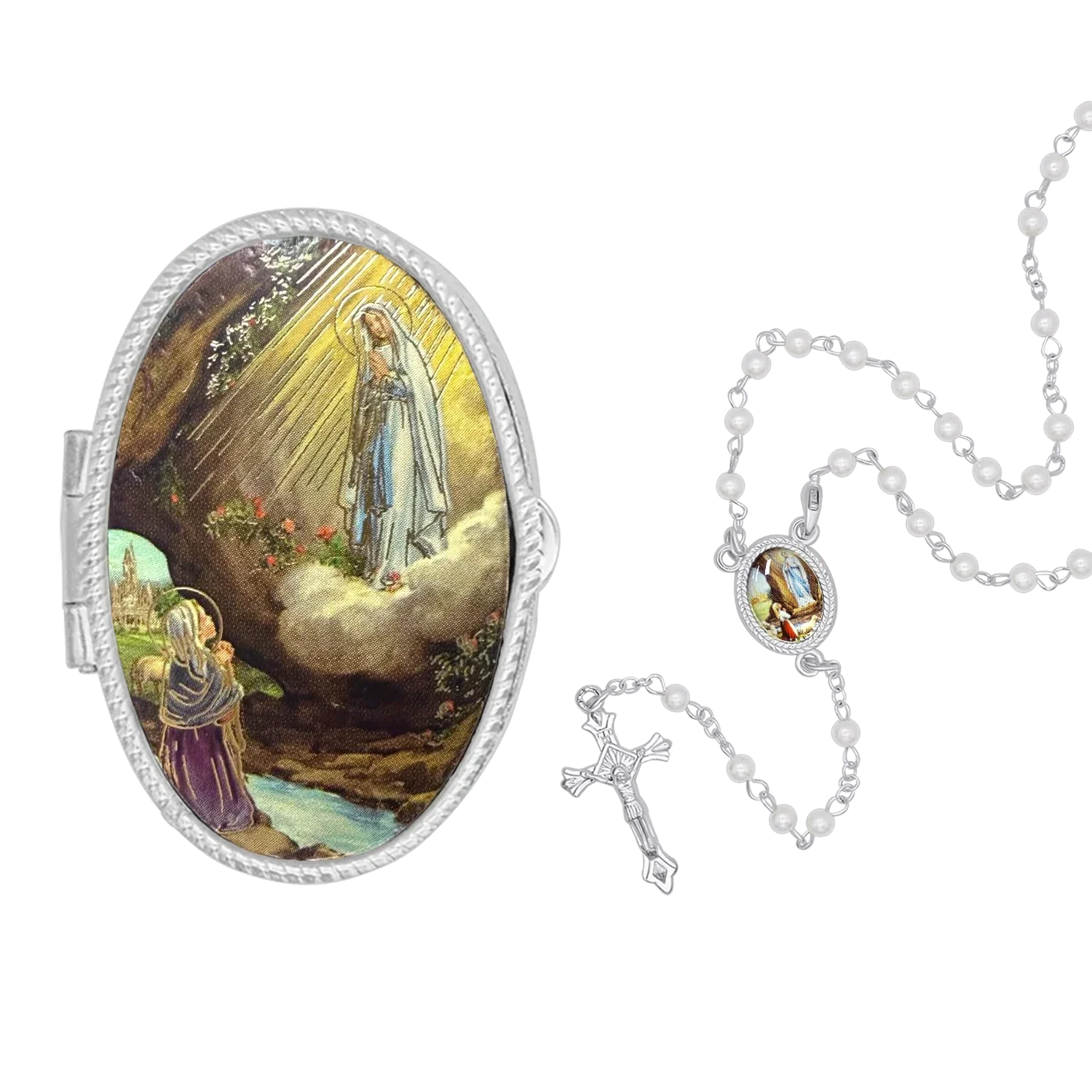 OUR LADY OF LOURDES - ROSARY BOX - METAL