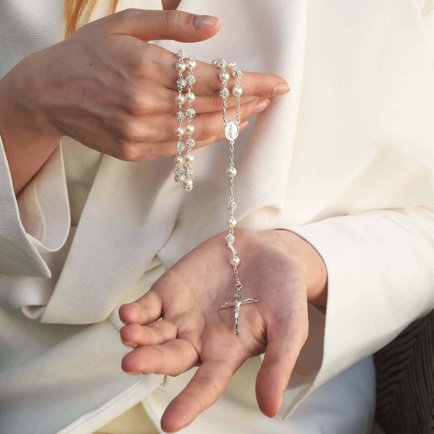STRASSBALL AND PEARL BEADS ROSARY - SILVER - Image 3