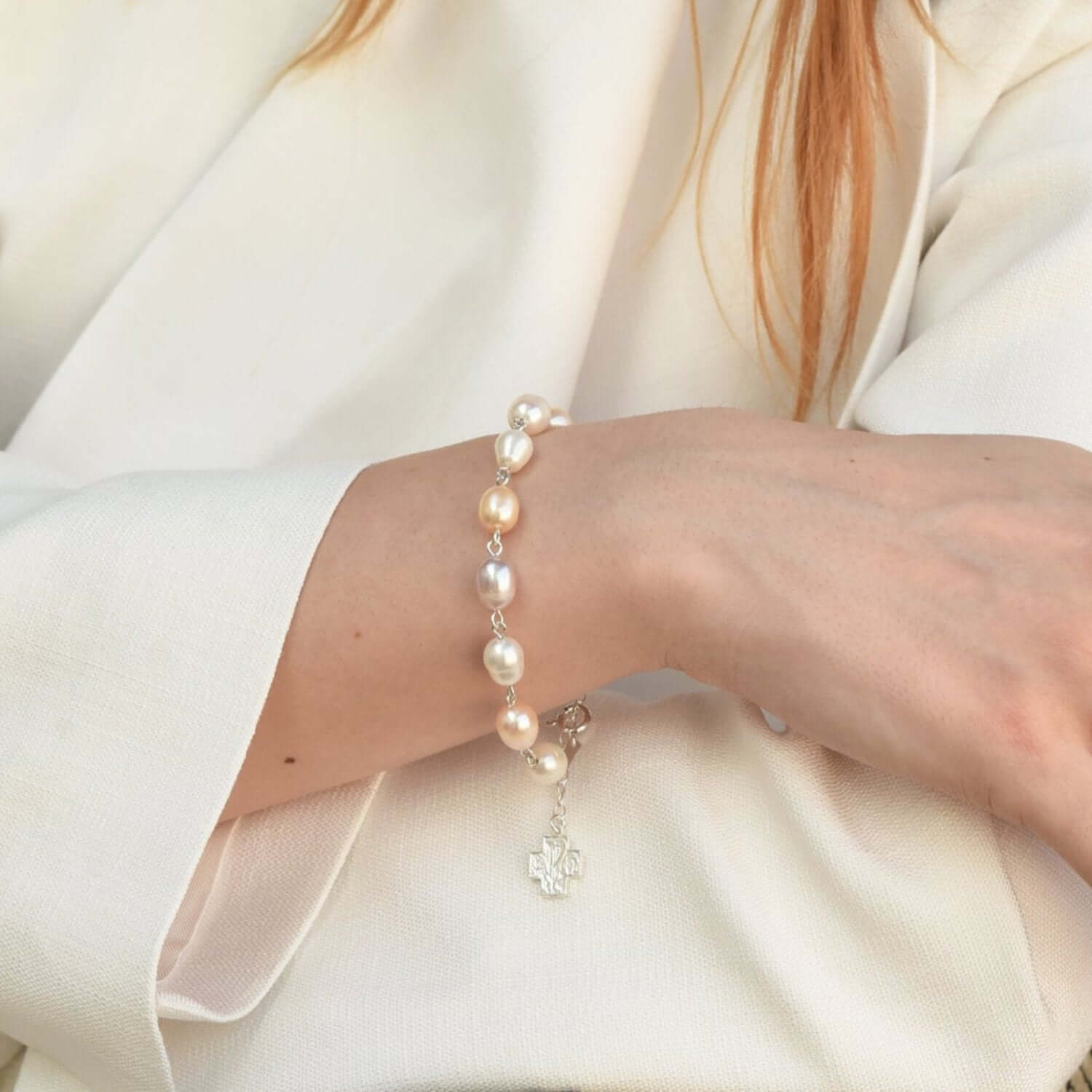 PEARL BEADS ROSARY BRACELET - SILVER - Image 2