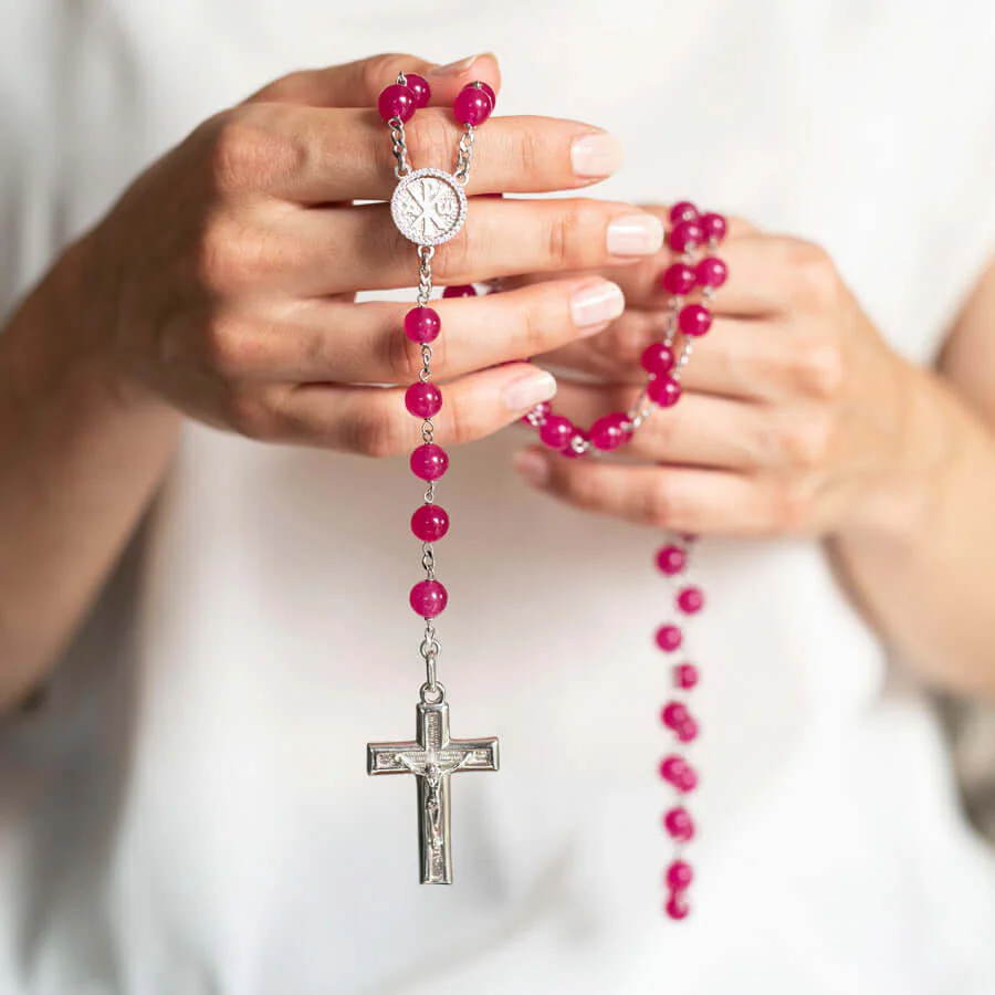 PINK AGATE BEADS ROSARY - SILVER - Image 2