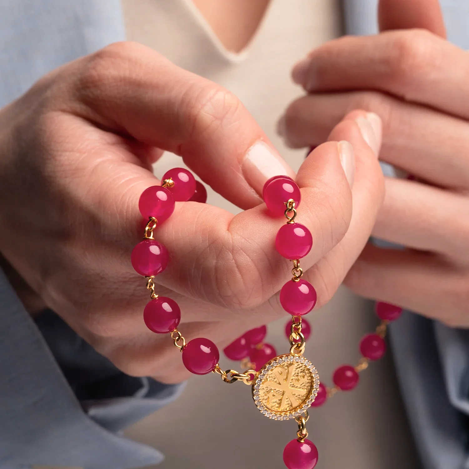 PINK AGATE ROSARY - VERMEIL SILVER - Image 2