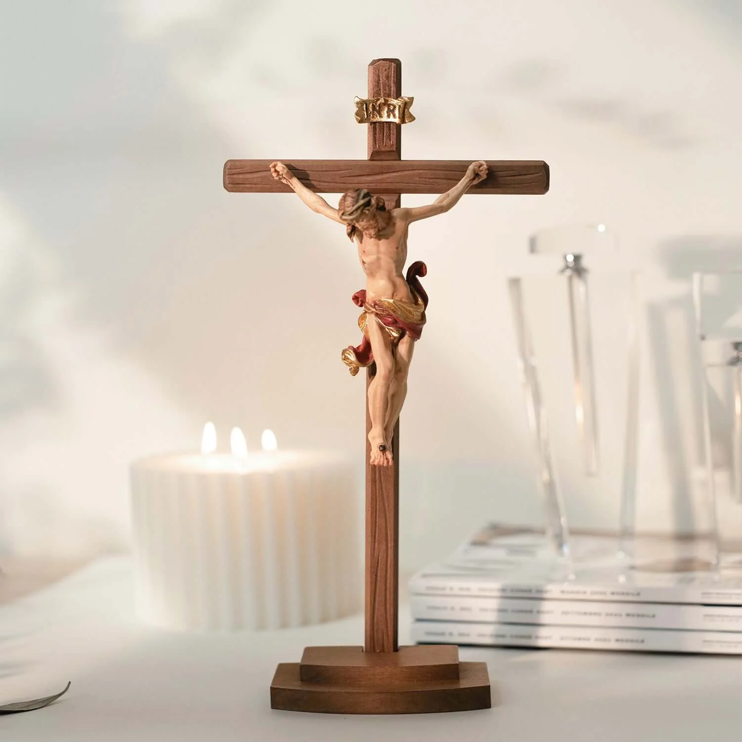 RED DRAPE STANDING CRUCIFIX - WOOD - Image 2