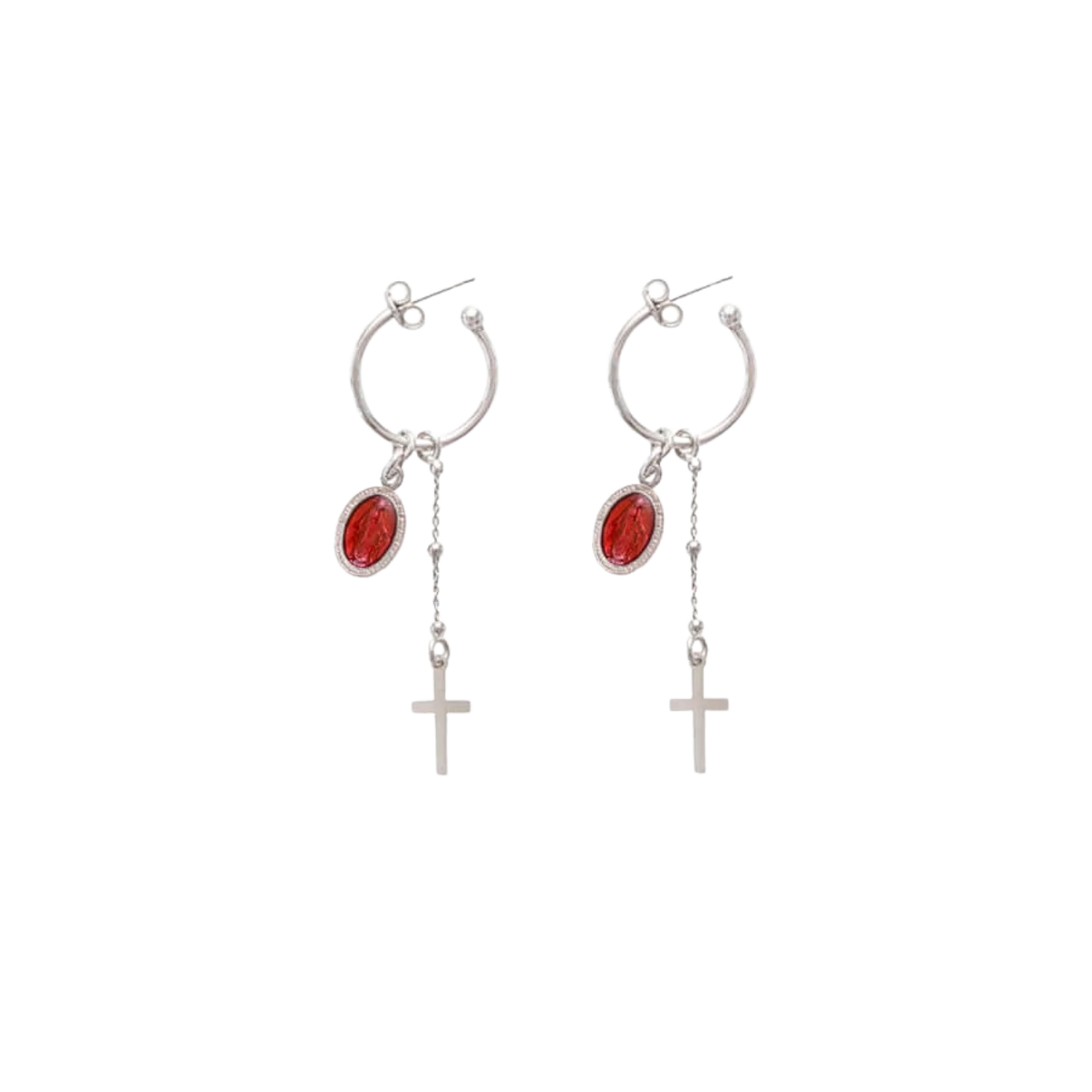 RED MIRACULOUS MEDAL - HOOP EARRINGS - SILVER