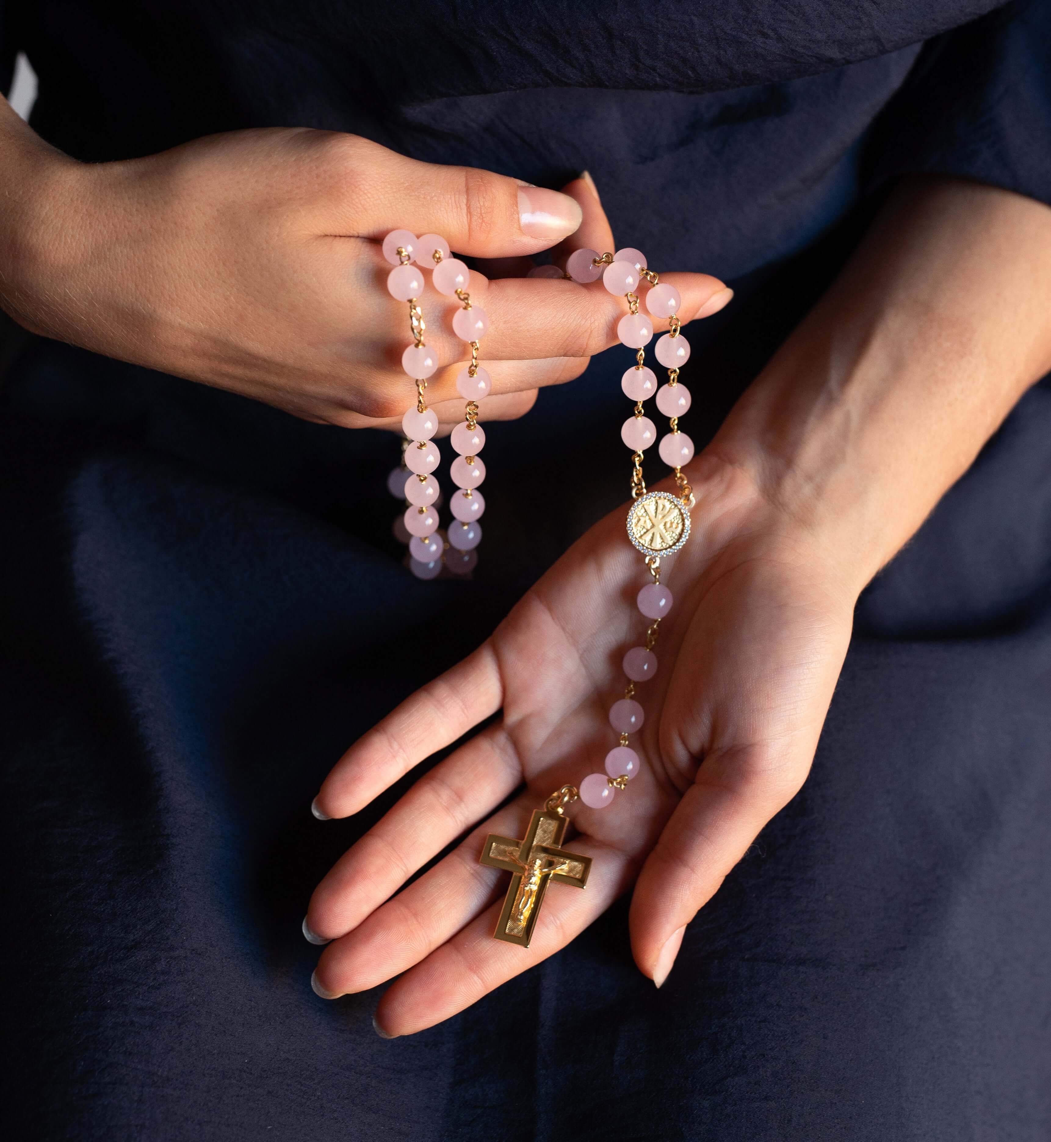 ROSE QUARTZ ROSARY - VERMEIL SILVER - Image 3