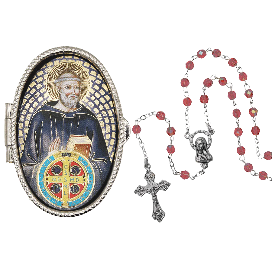 ST BENEDICT - ROSARY BOX - METAL