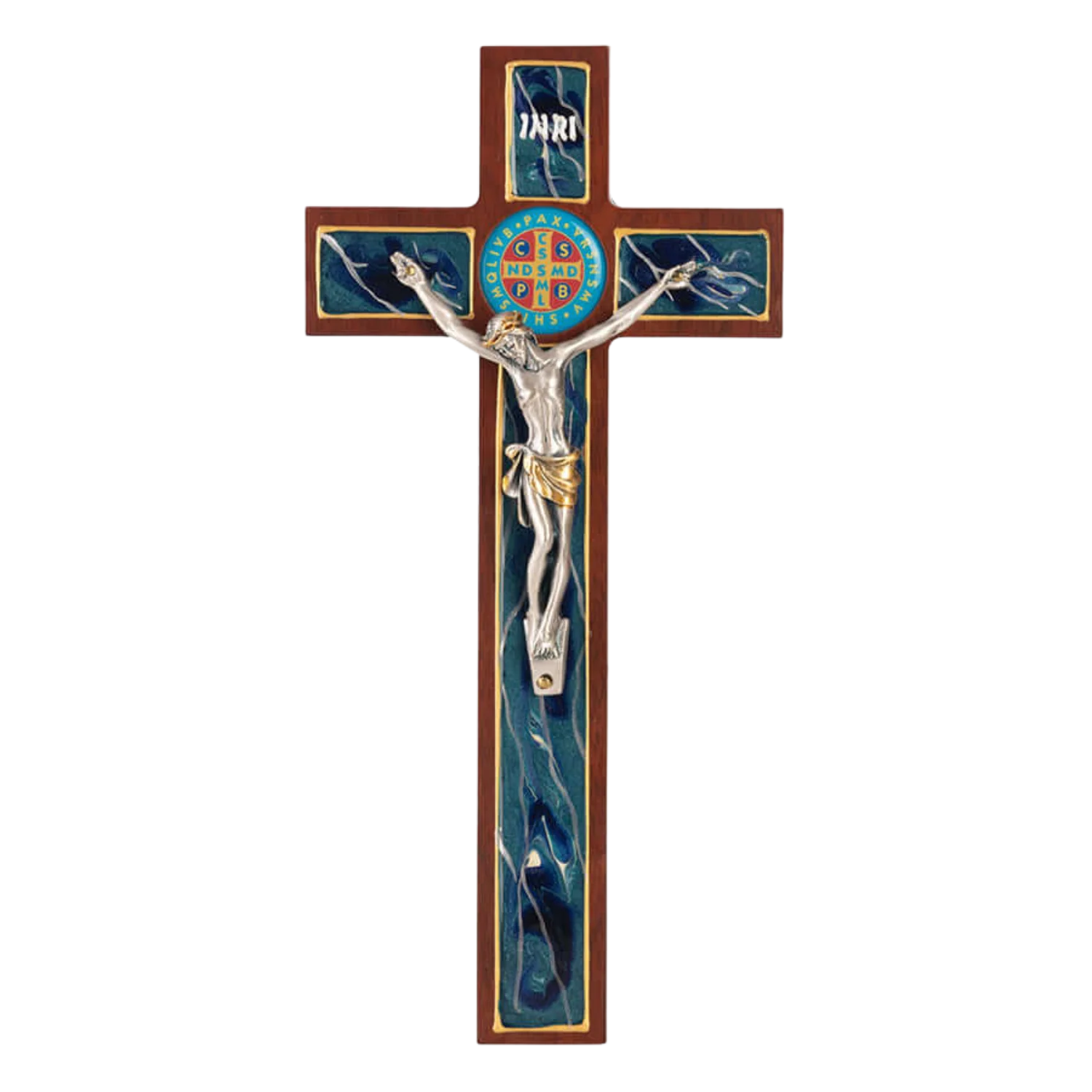 ST BENEDICT - WALL CRUCIFIX - WOOD AND SILVER