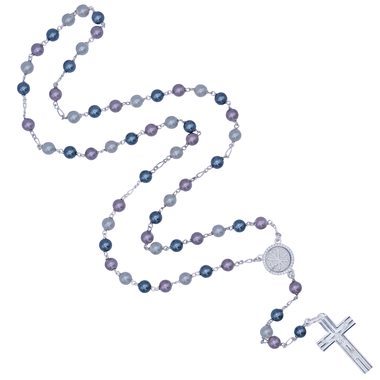 THREE TONE PEARL ROSARY - SILVER