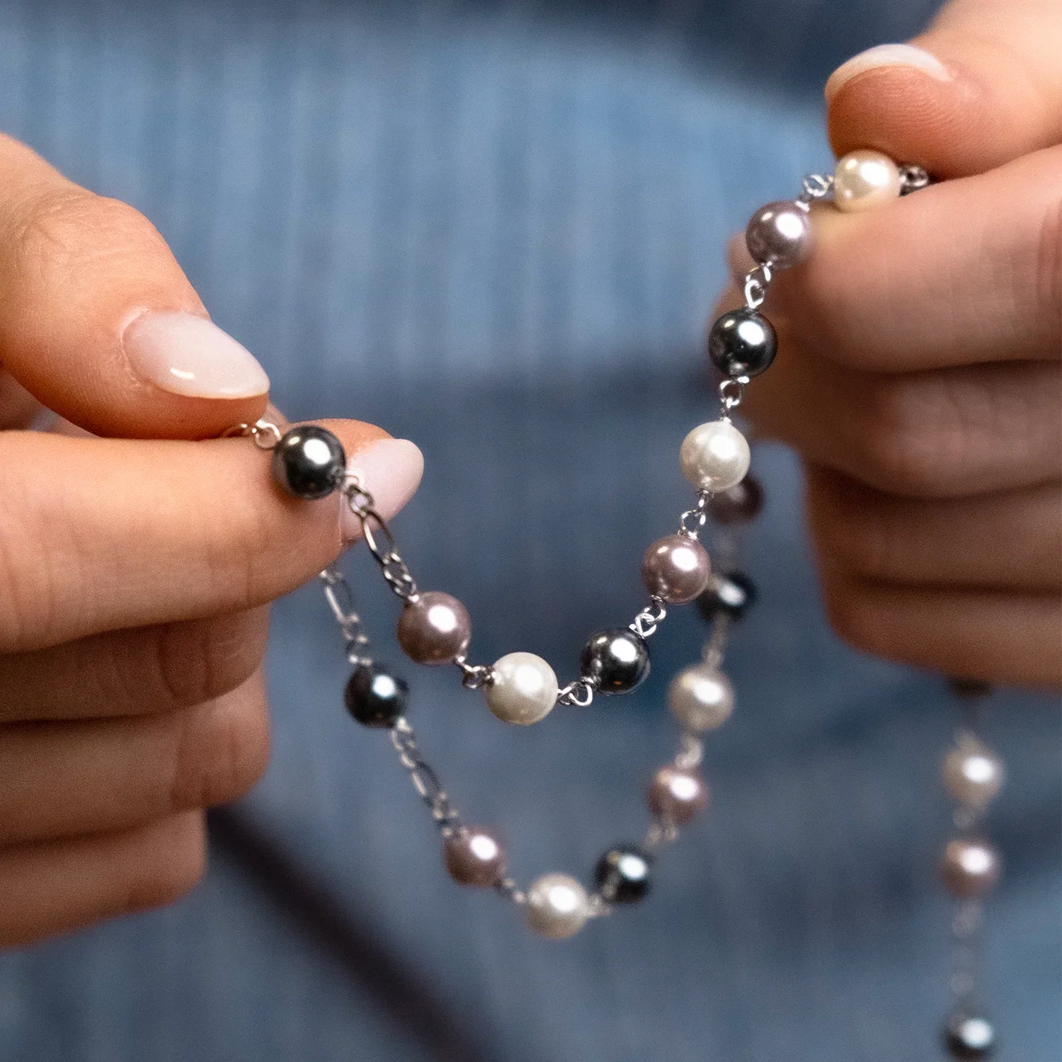 THREE TONE PEARL ROSARY - SILVER - Image 2