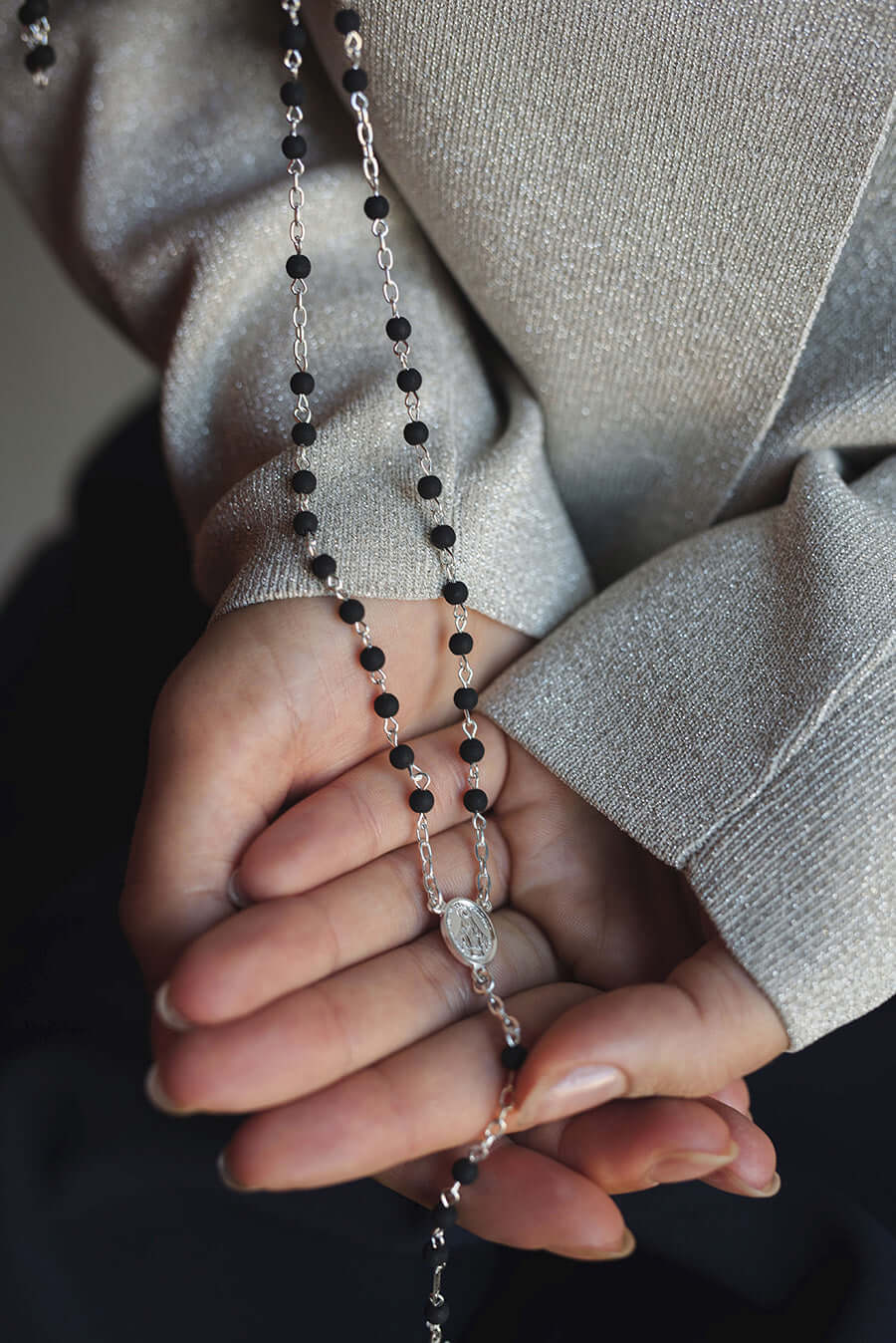 VOLCANIC LAVA BEADS ROSARY - SILVER - Image 2